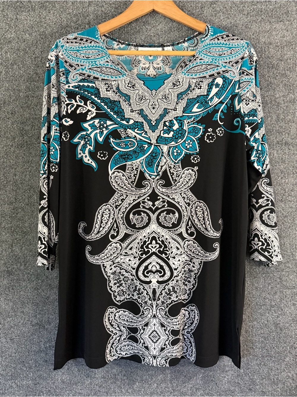Susan Graver Womens Large Liquid Knit Black Teal Paisley V-Neck 3/4 Sleeve Top